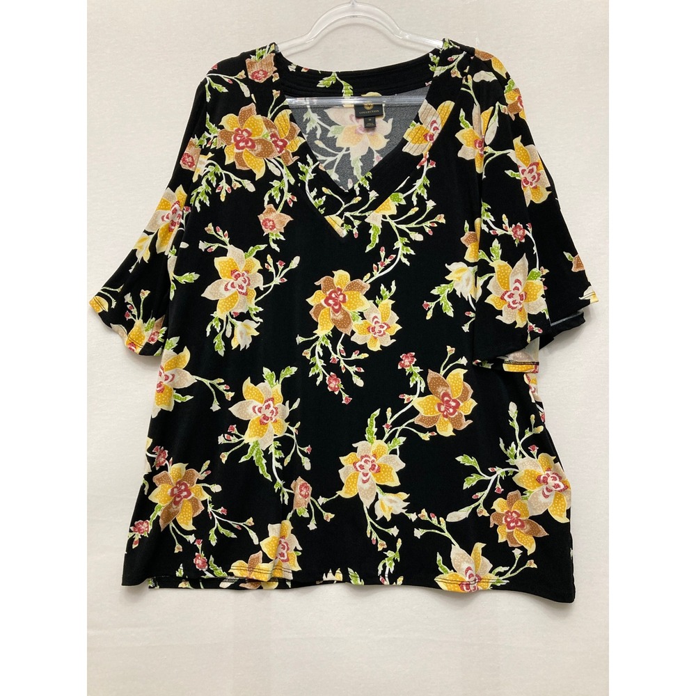 JM Collection Blouse Size 3X Black Yellow Floral V-Neck Casual Stretch Comfy